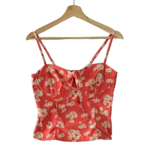 Ever New 100% Cotton Salmon w/ Cream Floral Print Spaghetti Strap Bustier Top - Picture 1 of 16